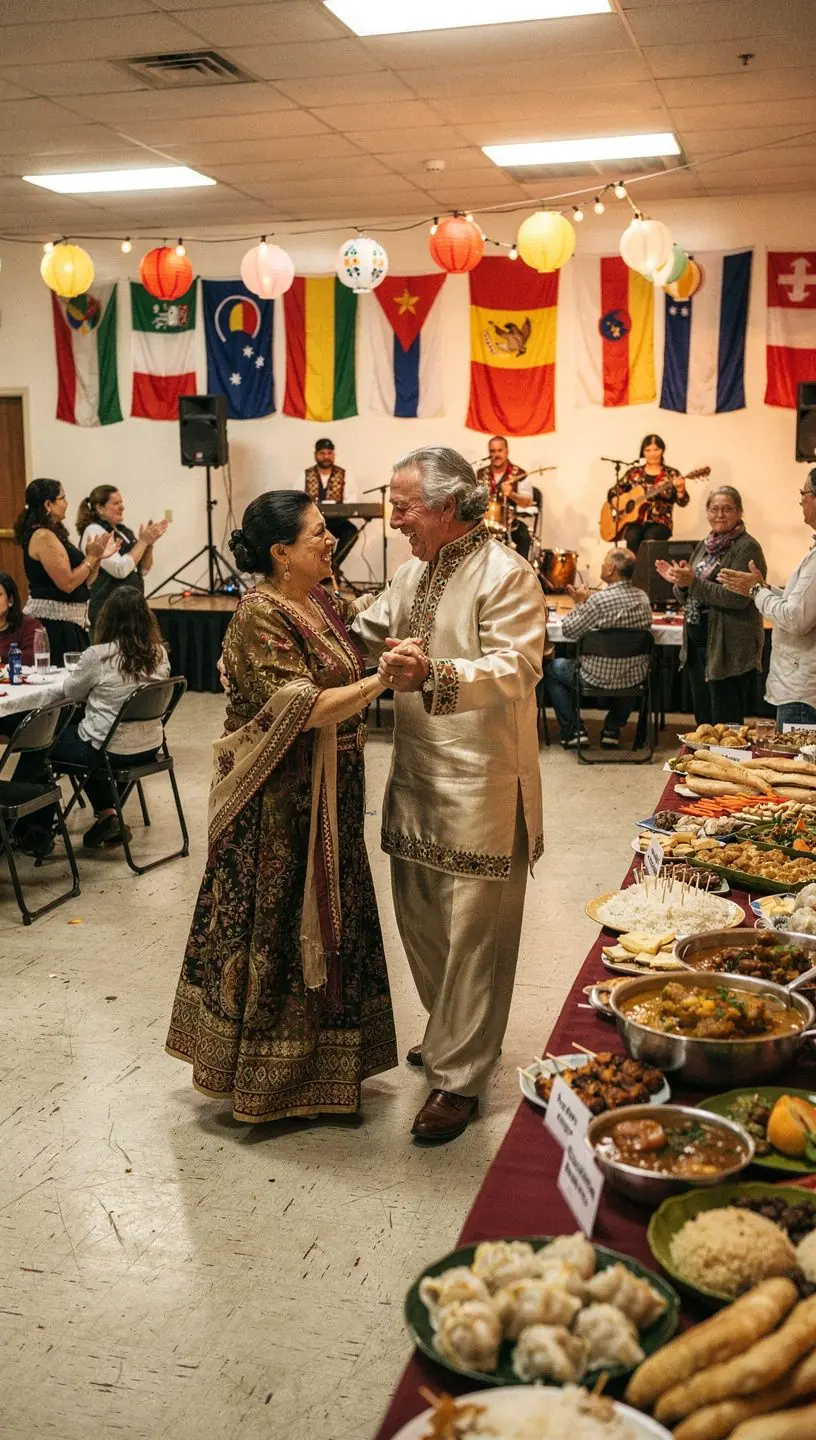 Group of diverse adults enjoying a social club event.